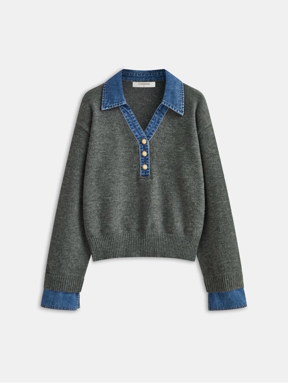 Commense Charcoal Gray V-Neck Pullover with Denim Trim